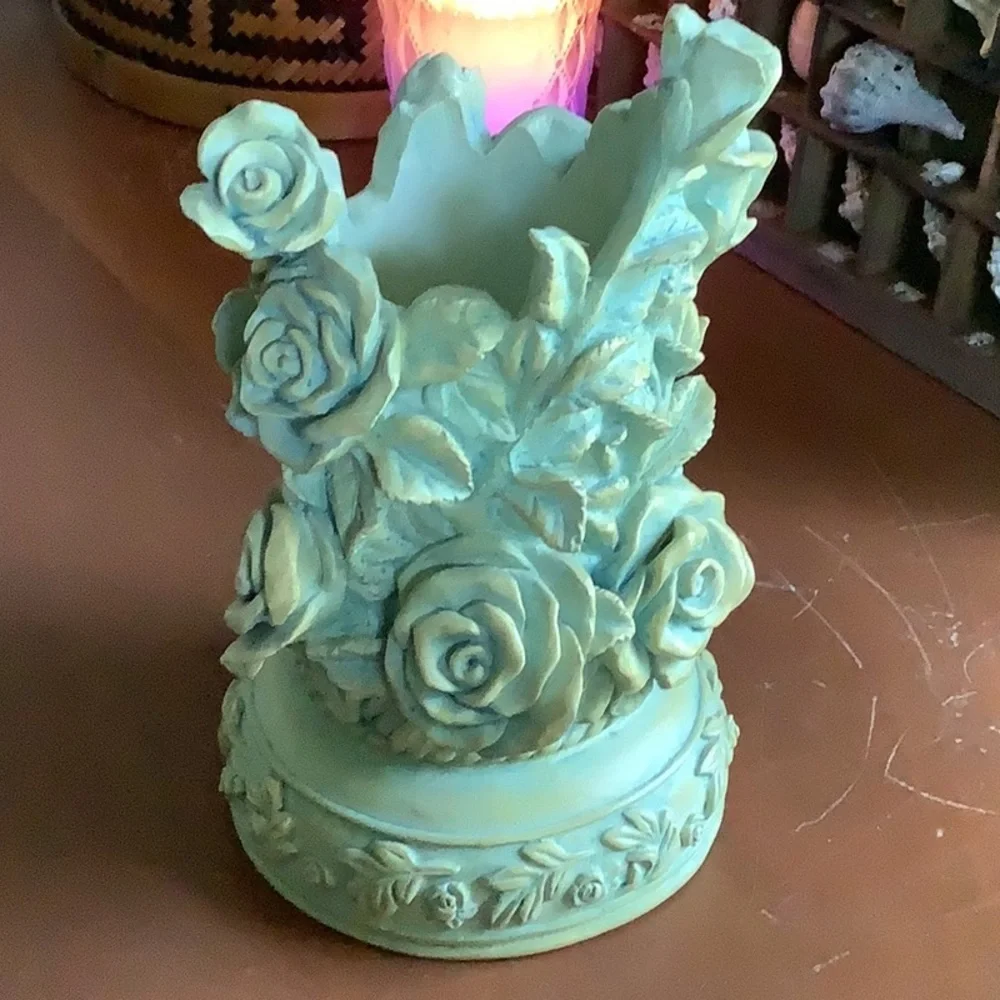Vintage Sage Aqua Green Rose Vine Detail Ornate Resin Vase - Picture 2 of 9